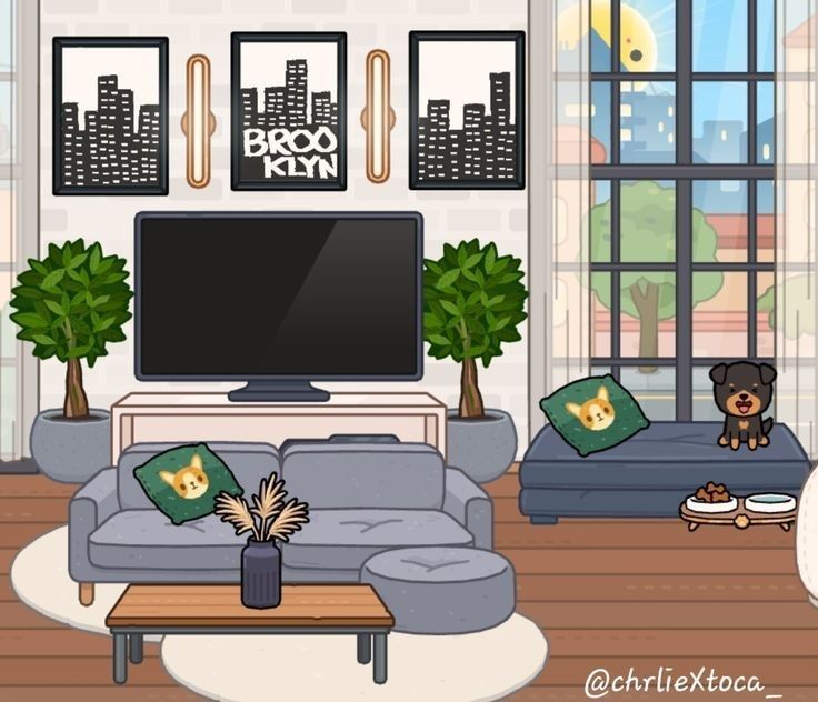 a living room with couches and a television in the corner, two bears sitting on the coffee table