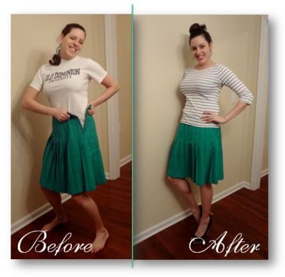 before and after photos of a woman wearing a green skirt