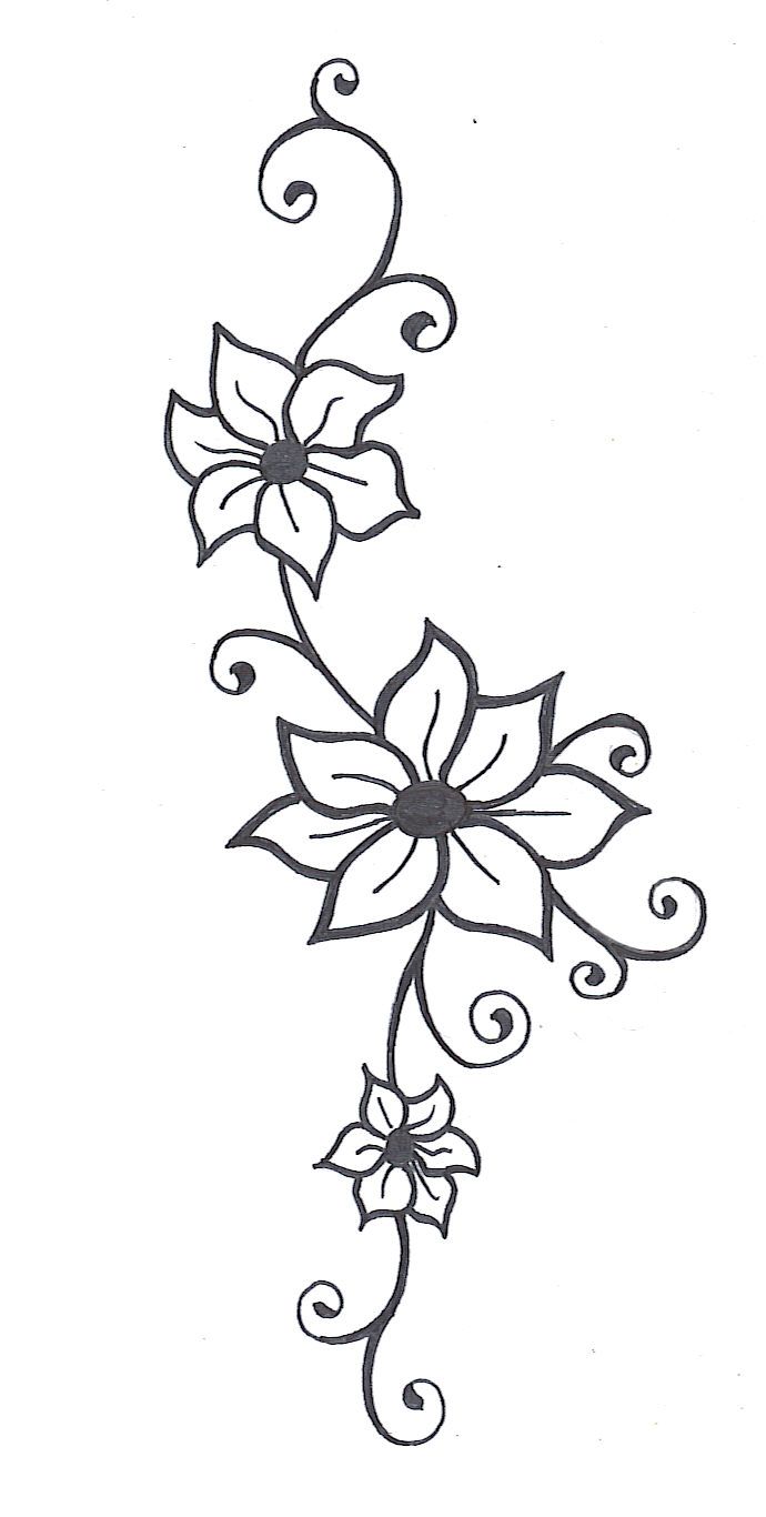 a drawing of flowers with swirls and leaves on the bottom half of each flower