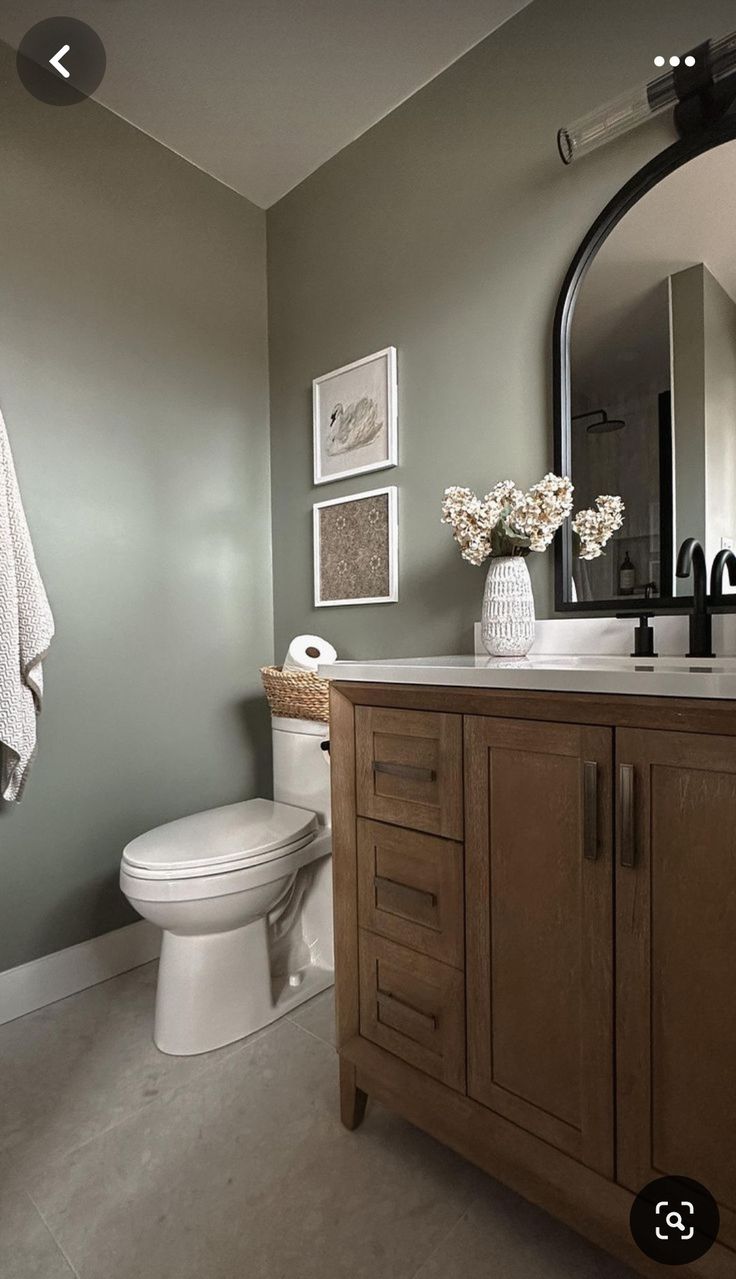 a white toilet sitting next to a wooden cabinet in a bathroom under a large mirror