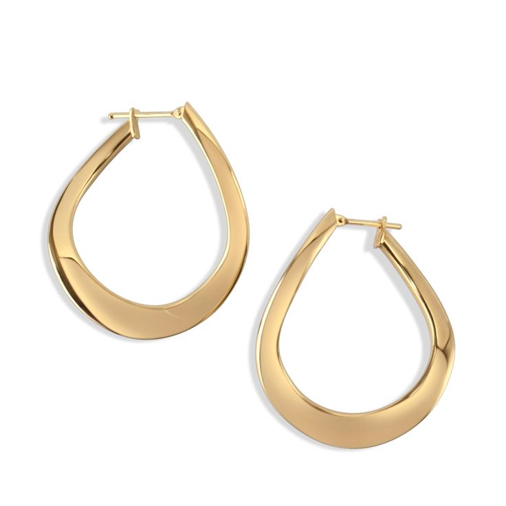 PRODUCT DETAILS Statement earring alert! These sculptural 18k solid gold hoops are a beautiful modern piece. Wear them unapologetically and often. 18k Solid Gold - nothing else Hoop Diameter: 34*40mm Hoop Width: 6.5mm Average Weight: 5.2g Made in Italy Contemporary Yellow Gold Hoop Earrings For Formal Occasions, Modern Yellow Gold Hoop Jewelry, Modern 14k Gold Tarnish Resistant Hoop Earrings, Modern 14k Gold Hoop Earrings For Formal Occasions, Contemporary Small Hoop Earrings For Formal Occasions, Contemporary Small Hoop Earrings For Formal Events, Luxury Teardrop Pierced Hoop Earrings, Modern Shiny Hoop Earrings, Modern Small Hoop Earrings In 14k Gold