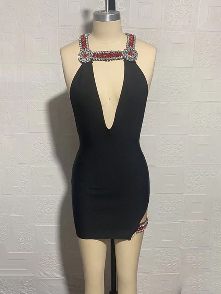 Sexy Beaded Deep V Neck Bodycon Bandage Dress Elegant Ladies Sling Sleeveless Black Designer Club Party Dress Outfits Sling Design, Bandage Dresses, Club Party Dresses, Elegant Ladies, Sling Dress, Club Party, Dress Elegant, Bandage Dress, Black Design