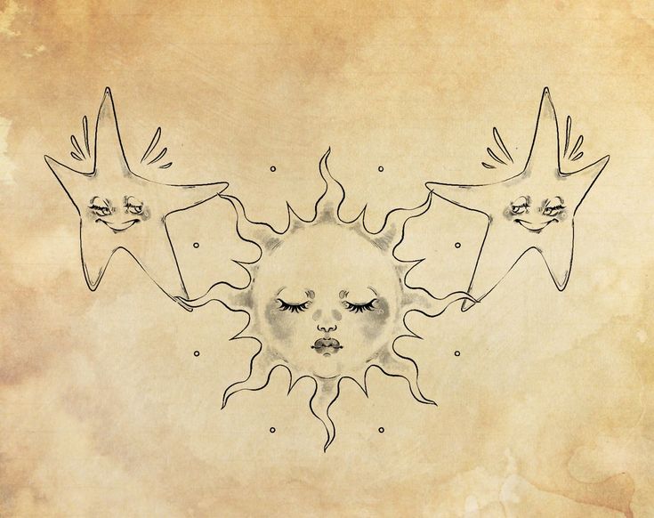 the sun and two stars have faces drawn on them, with each other's eyes