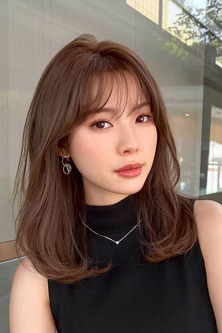 Layered medium length hair for Korean women with curtain bangs Layer Haircut Medium Length, Hair Framing Layers, Face Framing Wispy Bangs Medium Hair, Medium Haircut Korean Round Faces, Bangs Hairstyles For Round Faces, Korean Medium Layered Haircut, Wispy Bangs Round Face Layers, Medium Length Haircut For Round Face, Soft Layers Medium Hair Round Faces