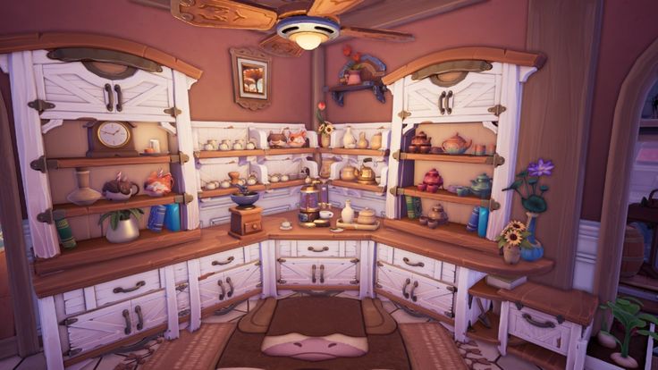 an animated kitchen with lots of cupboards and shelves on the wall, along with other items