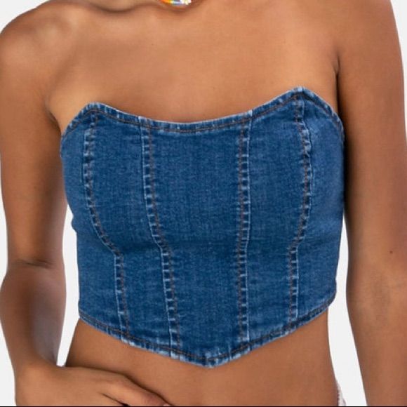 Denim Corset New With Tags And Never Worn! Perfect Condition Trendy Stretch Cotton Denim Top, Fitted Denim Blue Top, Fitted Denim Blue Casual Top, Stretch High Waist Denim Blue Top, Stretch High-waist Denim Blue Top, Casual Stretch Blue Denim Top, High Waist Blue Denim Top, High Waist Denim Tops For Spring, Trendy Stretch Dark Wash Denim Top