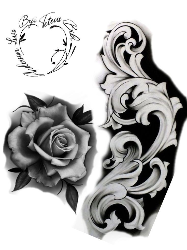 a black and white tattoo design with a rose on the left side of the arm