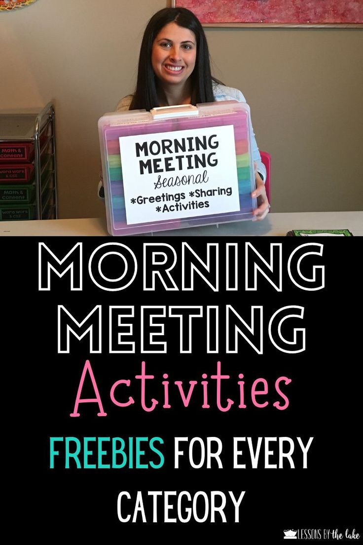 a woman sitting in front of a laptop computer with the text morning meeting activities freebies for every category