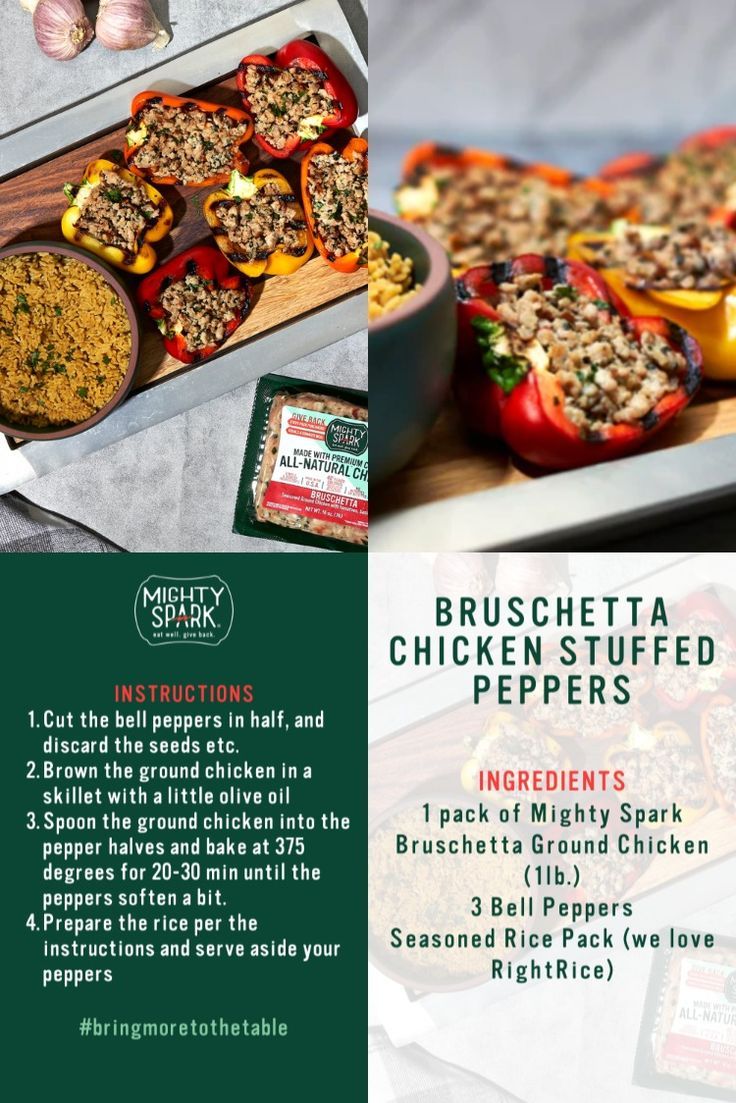 brochure flyer for bruschetta chicken stuffed peppers with ingredients and instructions