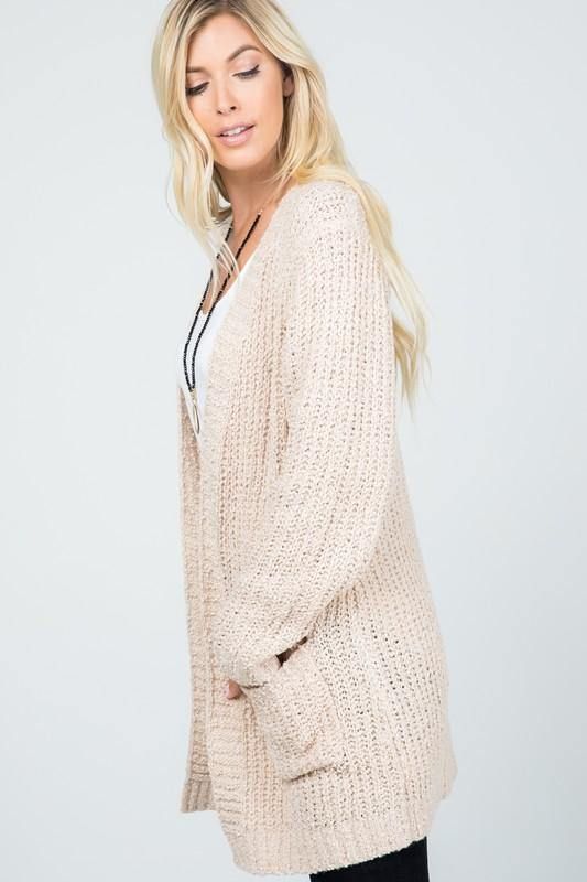 Audrie Loose Knit Classic Open Front Cardigan - Jolie Vaughan | Online Clothing Store in Baton Rouge, LA Casual V-neck Cardigan With Soft Texture, Knit Outerwear For Everyday, Spring V-neck Chunky Knit Outerwear, V-neck Soft Knit Sweater Coat For Spring, Relaxed Fit V-neck Knit Cardigan, Cozy Soft Knit Loungewear Cardigan, Everyday Soft Knit Sweater Coat, Cozy Soft Knit Cardigan For Loungewear, Soft Knit V-neck Outerwear