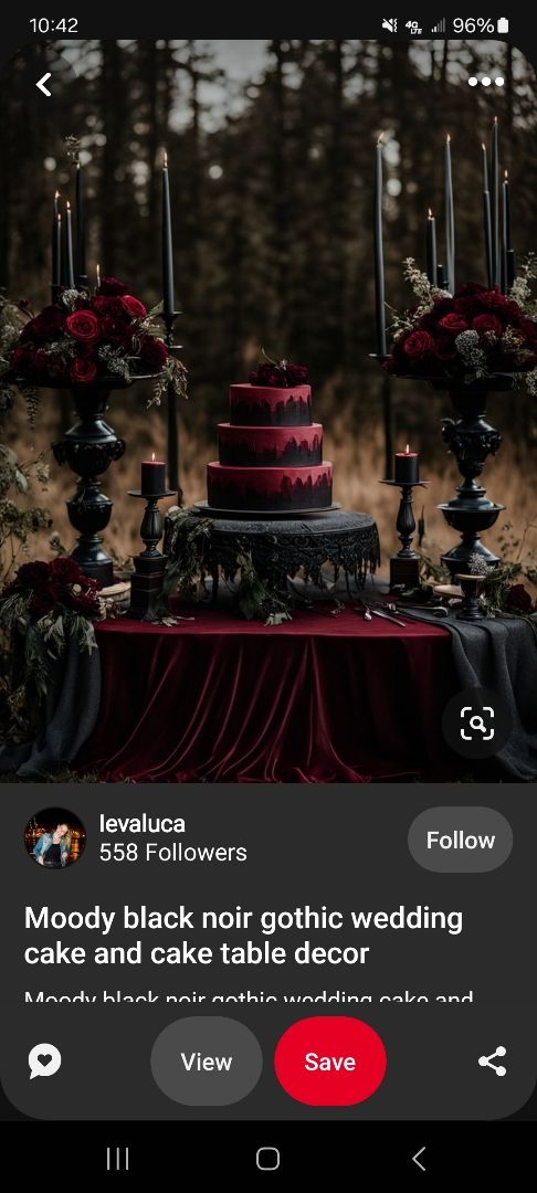 an image of a red wedding cake with candles and flowers on the table in front of it