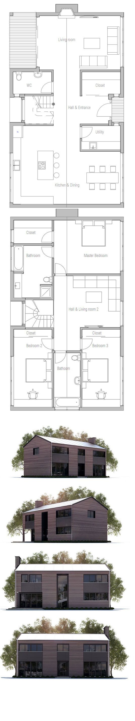 three different views of the same building, each with its own floor plan and elevation details