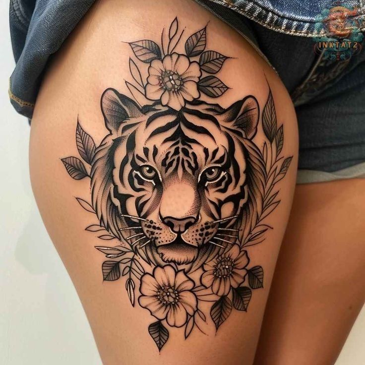 a woman's thigh with a tiger and flowers tattoo on the side of her leg