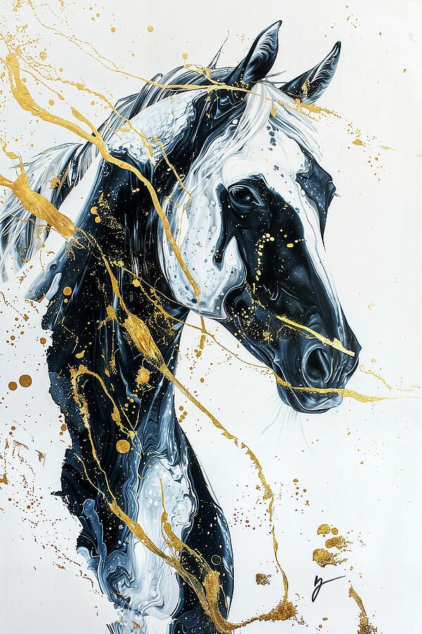 a black and white horse with gold paint splatters on it's face