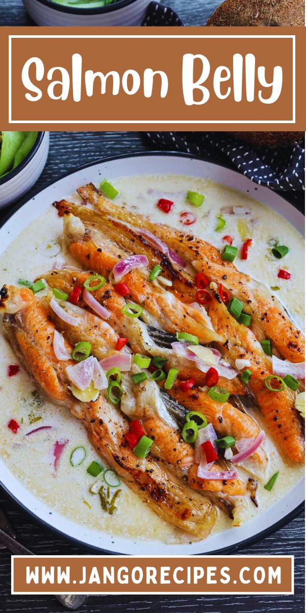 salmon and rice dish on a white plate with the words salmon belly overlaying it