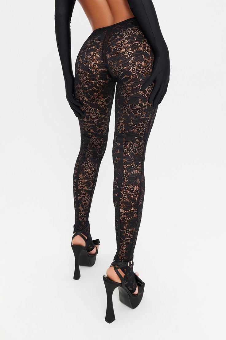 Unlined black lace leggings with a sleek center elastic, satin bow, and a back seam that beautifully elongates the silhouette. Finished with elegant heel and toe openings. Black Lace Leggings, Panty Hose, Lace Leggings, Elegant Heels, Lace Bows, Satin Bow, Catsuit, Fashion Drawing, Bridal Shoes