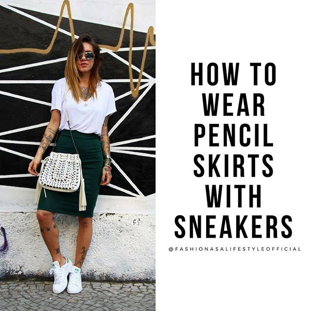 How to wear pencil skirts with sneakers: Pencil skirts with sneakers give a modern and casual touch to your outfit. You'll feel comfortable and relaxed, they are the perfect mix! ・・・ Take a look at these 5 essential garments that you can combine with your pencil skirt and sneakers: ・・・ A Graphic tee. Solid color tee. (White, black or grey) Crop tops. Sweatshirts. Knotted shirts. ・・・ The most basic sneakers you can have in the entire world are a good pair of white sneakers, they go with everythin Pencil Skirt Sneakers, Black Pencil Skirt Outfit, Pencil Skirt Outfits Casual, Skirts With Sneakers, Tee Shirt Outfit, Skirt Diy, Pencil Skirt Casual, Cropped White Tee, Pencil Skirt Outfits