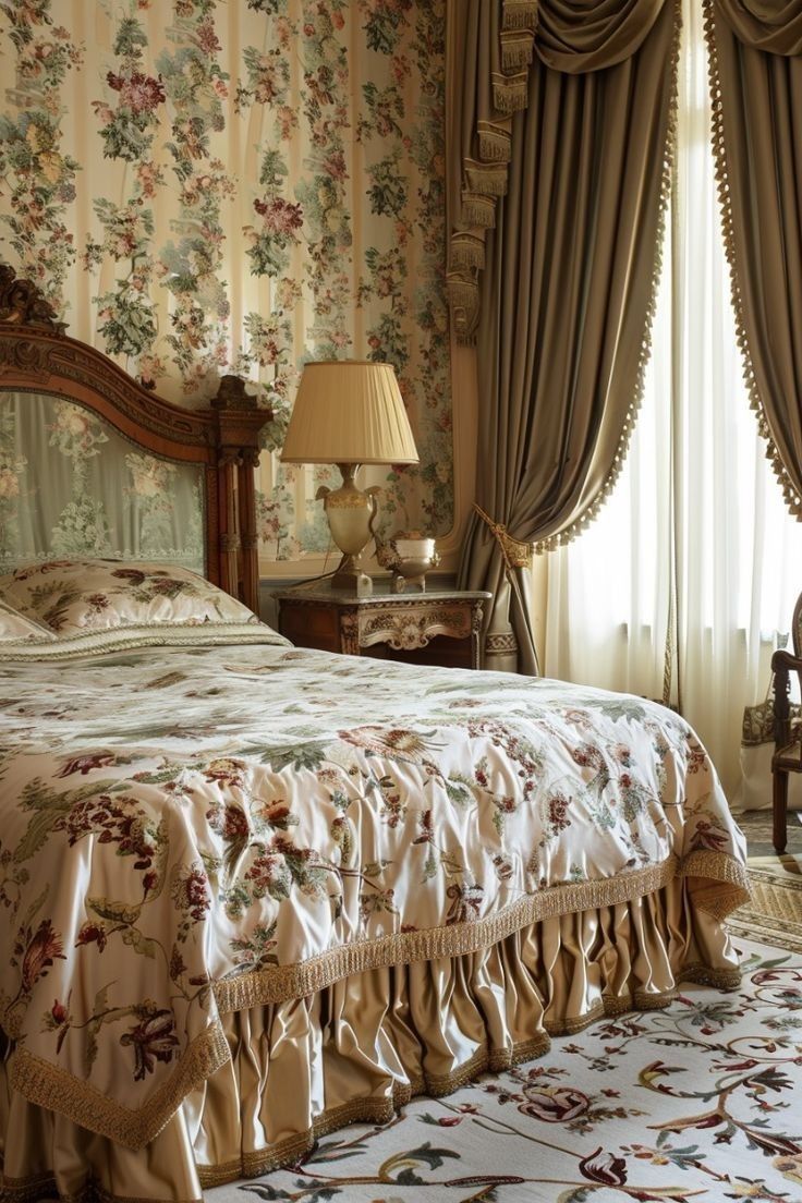 a large bed sitting in a bedroom next to a window with drapes on it