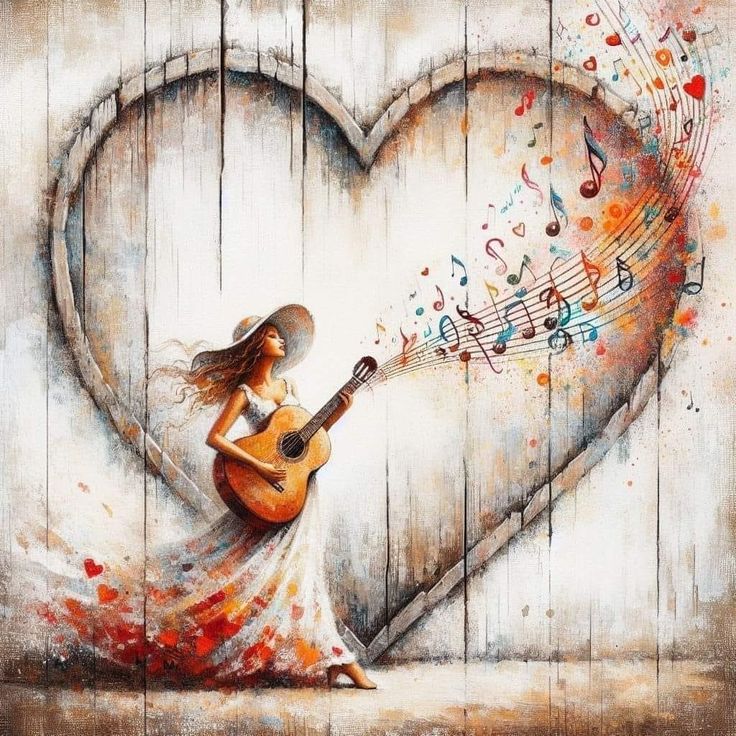 a painting of a woman holding a guitar with musical notes coming out of her heart