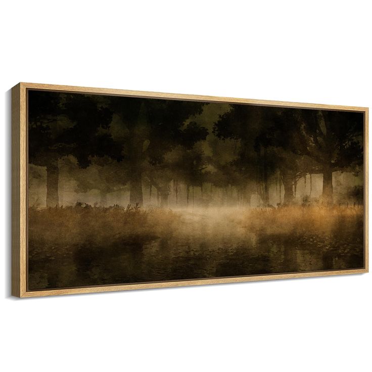 an image of a foggy forest with water and trees in the background canvas wall art print