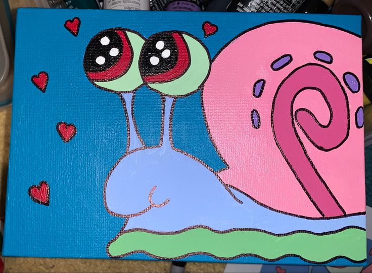 a painting of two snails on a blue background with hearts around them and one snail is looking at the viewer