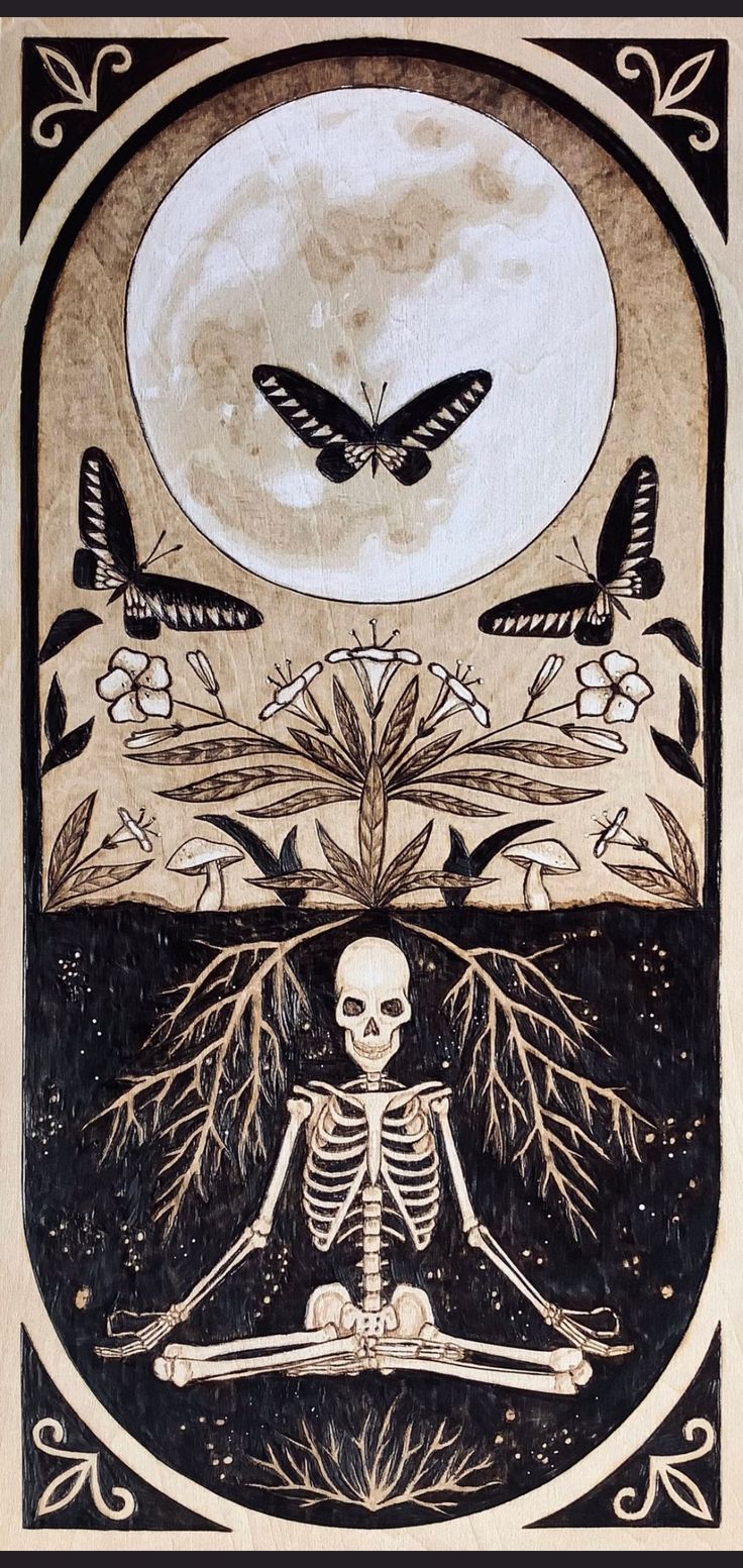 a drawing of a skeleton sitting in front of a full moon with butterflies flying over it