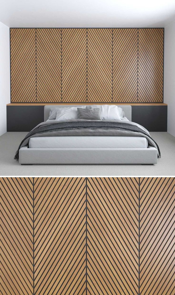 the bed is made up with wood paneling