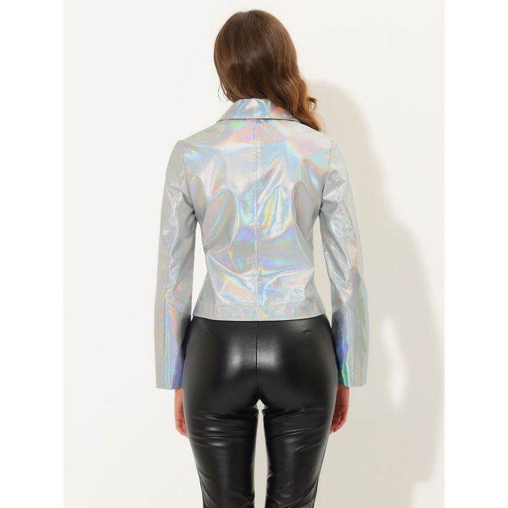 A shiny biker jacket with curvy quilting offers midweight protection from the elements along with a cute look. Simple and delicate, this metallic jacket features a lapel collar, zipper front, and long sleeves. This fall winter-essential jacket is shaped from sleek quilted fabric suits for parties, clubs, biker, etc. Simply add tailored trousers or jeans for a chic look. Shiny Long Sleeve Winter Outerwear, Trendy Metallic Shiny Outerwear, Fitted Metallic Outerwear With Zipper Closure, Trendy Fitted Shiny Outerwear, Metallic Long Sleeve Outerwear With Zipper, Metallic Shiny Fitted Outerwear, Fitted Metallic Shiny Outerwear, Shiny Fitted Fall Outerwear, Shiny Fitted Outerwear For Fall