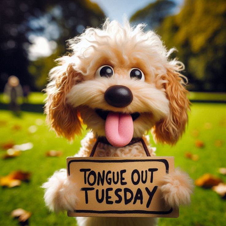 a dog holding a sign that says tongue out tuesday