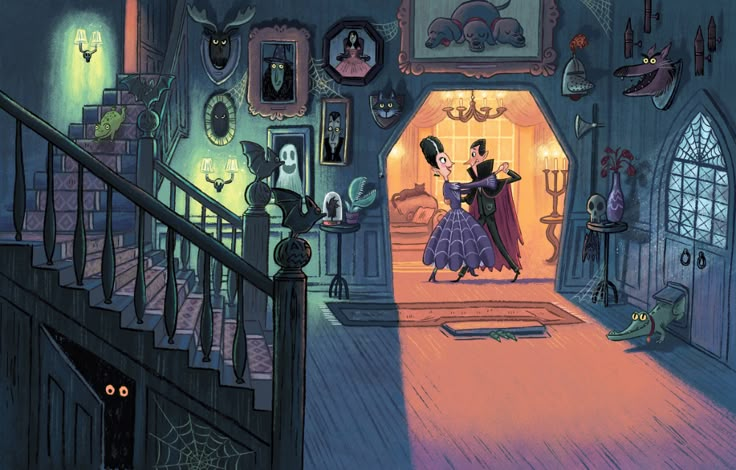 an animated image of a man and woman dancing in a house with cats on the stairs