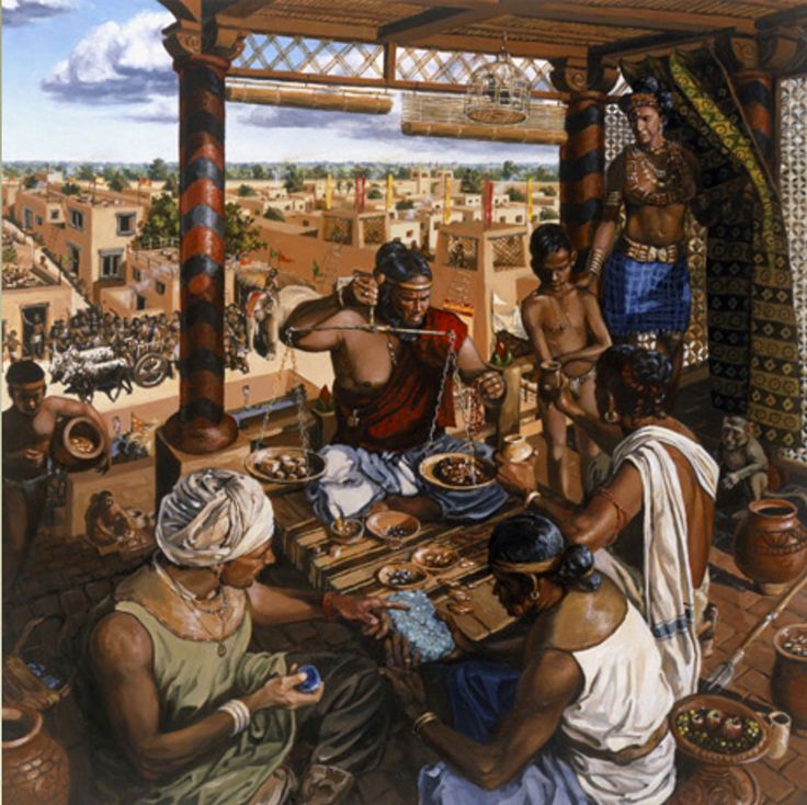 a painting of people sitting at a table in front of an open air structure with pots and pans on it