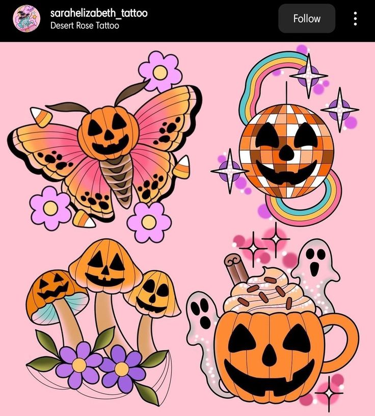 halloween stickers with pumpkins, skulls and bats on pink background for the iphone