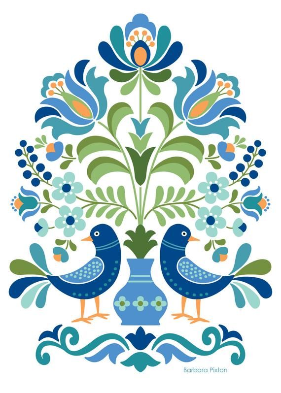 two birds sitting on top of a vase with flowers in the middle and leaves around it