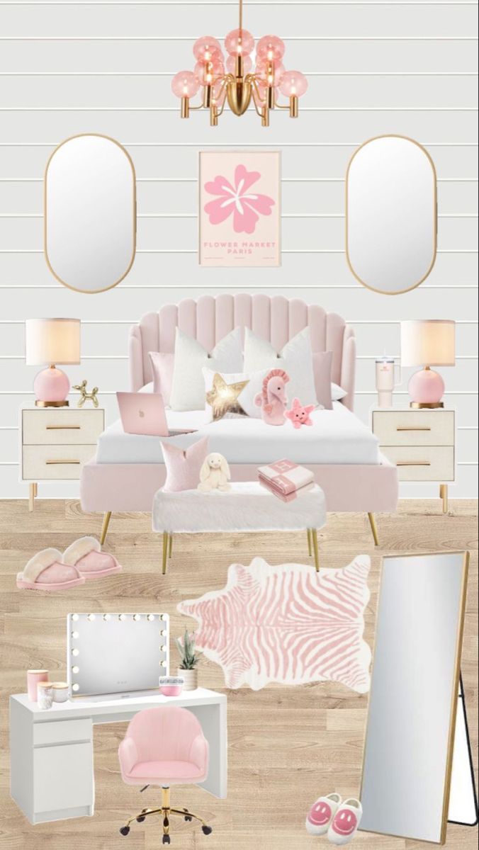 a bedroom with pink furniture and mirrors