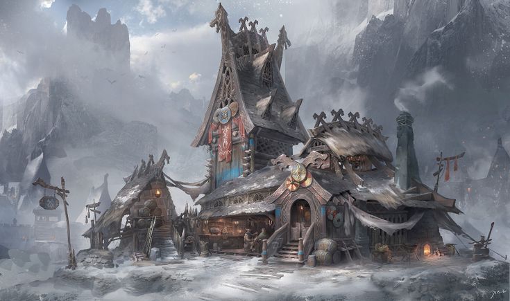 a fantasy house in the middle of a snowy mountain