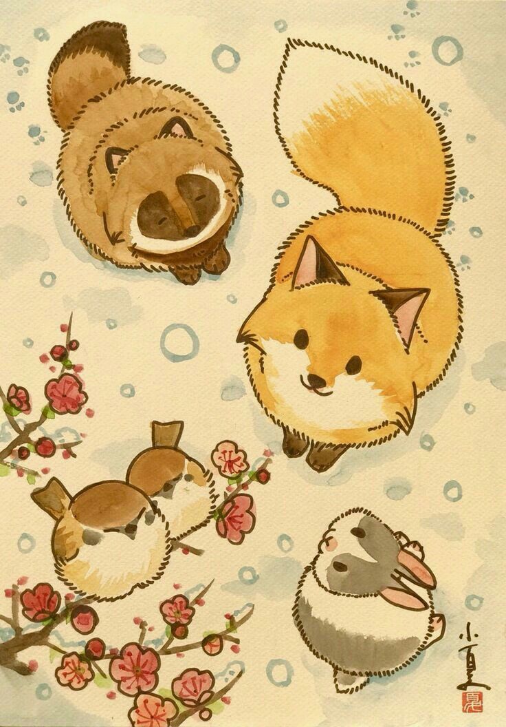 an image of some animals that are in the snow together with flowers and water droplets