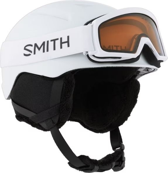 a white helmet with goggles on it and the words smith written in black letters