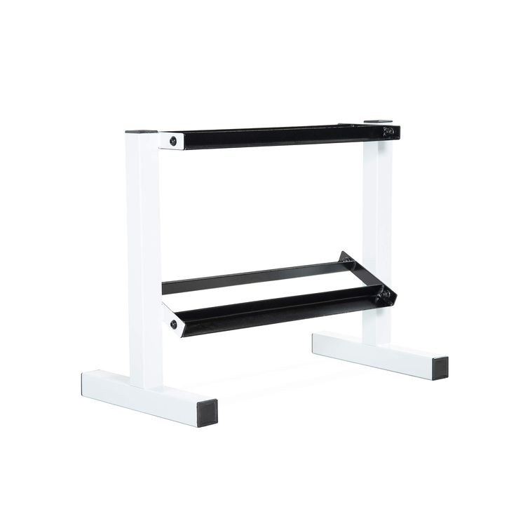 a white and black shelf sitting on top of a metal stand next to a white wall