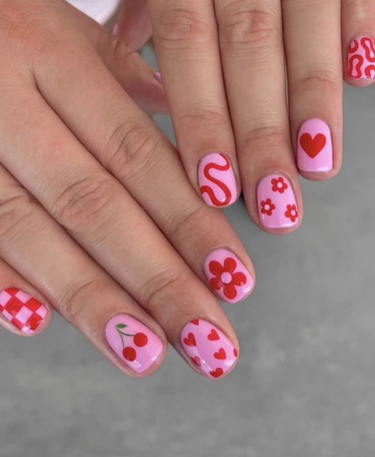 Cute Valentines Nails Short For Kids, Valentines Day Nails Painted, Mismatched Valentines Day Nails, Red Pink And White Valentines Nails, Valentines Nails With Cherries, 8 Ball Valentines Nails, Sweethearts Nail Ideas, Split Heart Nails, Nail Art Patchwork