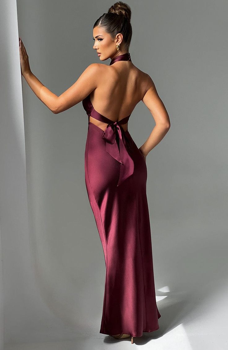 Feel opulent in Dimitra, a stunning maxi design crafted in delicate satin with a beautiful sheen and silky soft feel. Featuring a high cross over neckline and low back with tie detail, this style has a fit and flare silhouette and flattering piping under the bust. Keep things chic with barely there heels and sleek hair.Ãƒâ€šÃ‚Â 



Colour: Burgundy.

Premium non-stretch satin.

Shaped piping under bust.

Fit and flare silhouette.

High cross over neckline.

Tie detail to back.

Low back.

Invisi Maxi Design, Long Dresses Elegant, Maxi Dress For Women, Fitted Maxi Dress, Maxi Dress Sale, Bodycon Maxi Dresses, Backless Maxi Dresses, Maxi Dress Navy, Satin Maxi Dress