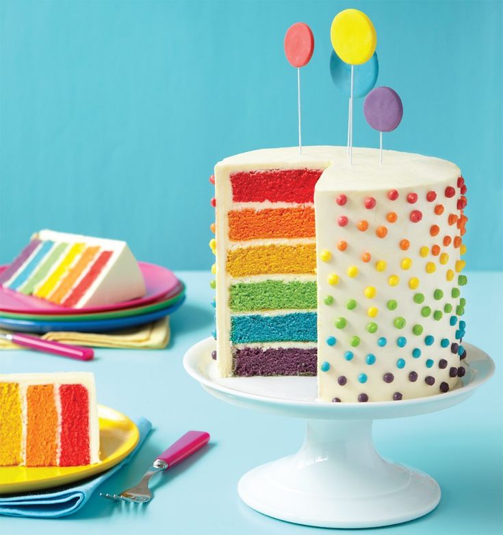 there is a rainbow cake on the table