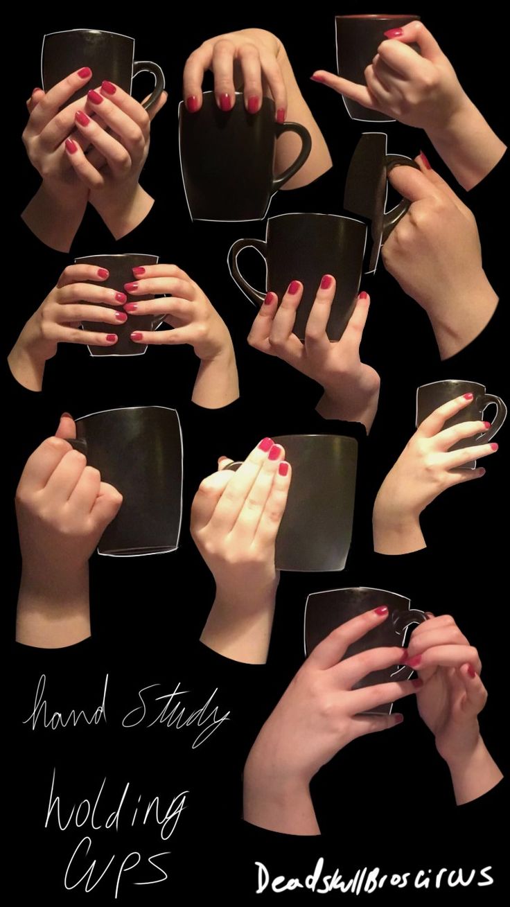 hands holding coffee mugs with their fingers on each other and the words hand study holding cups above them