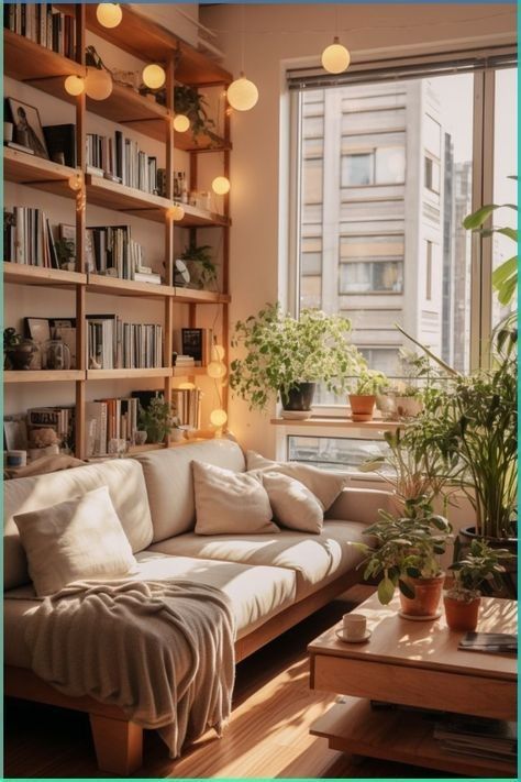 a living room filled with lots of furniture next to a window covered in bookshelves