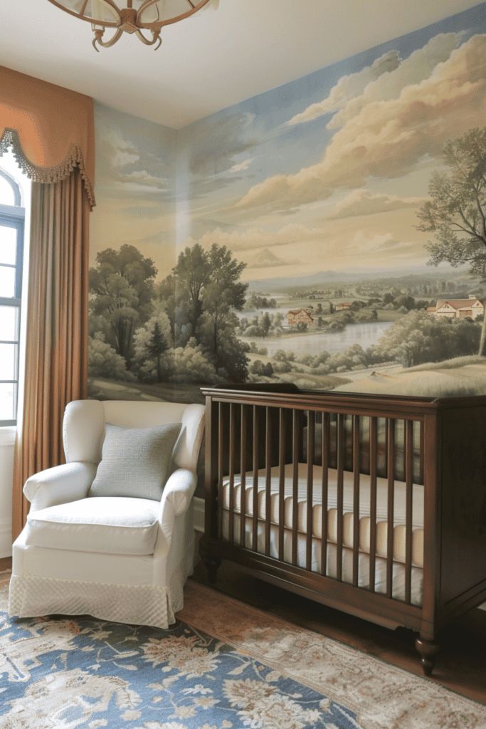 a baby's room with a large painting on the wall