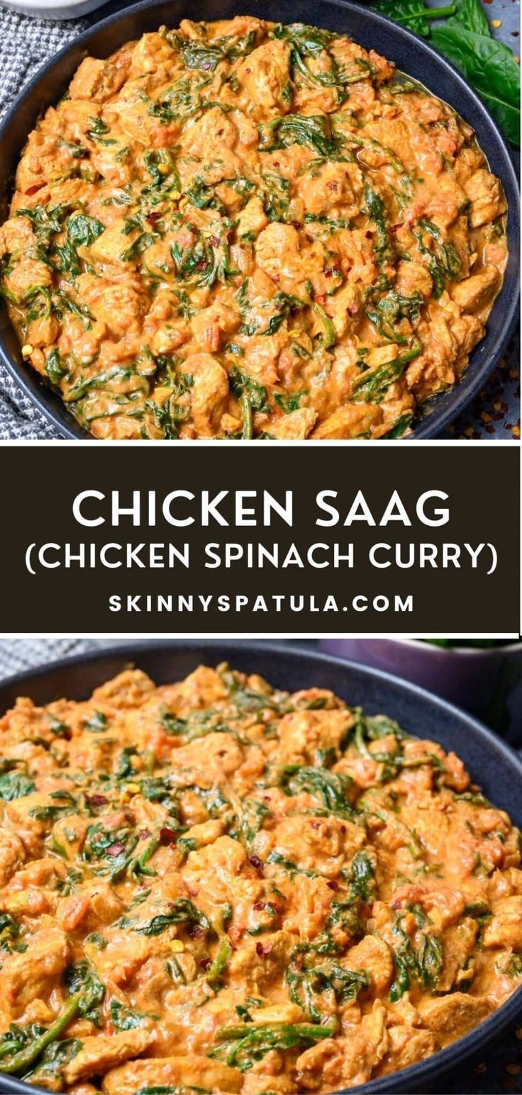 chicken saag with spinach and cheese in a skillet on the side, next to