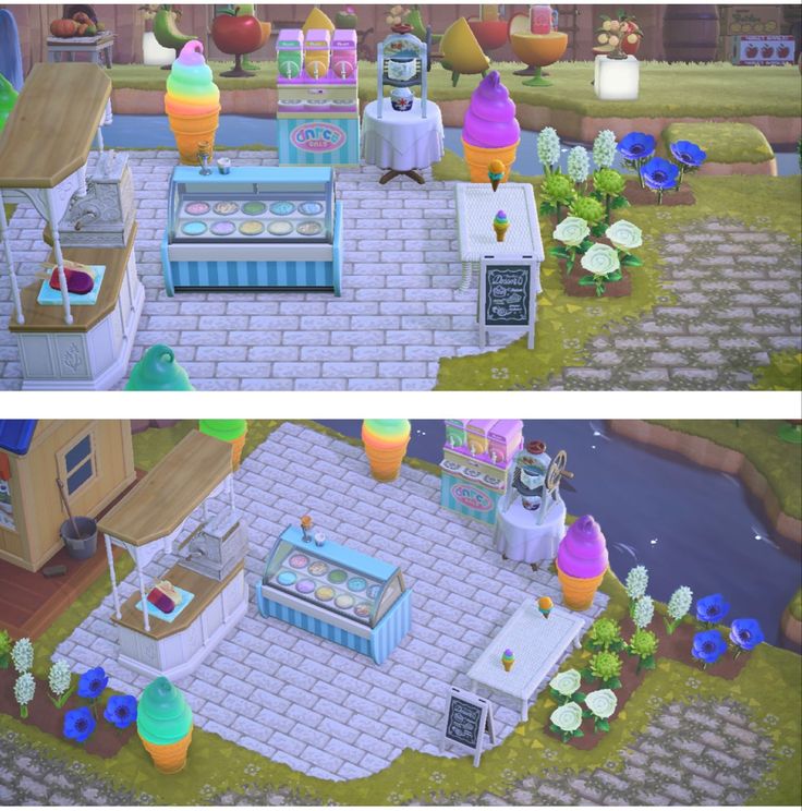 two pictures of an ice cream shop and the same one in animal crossing new world