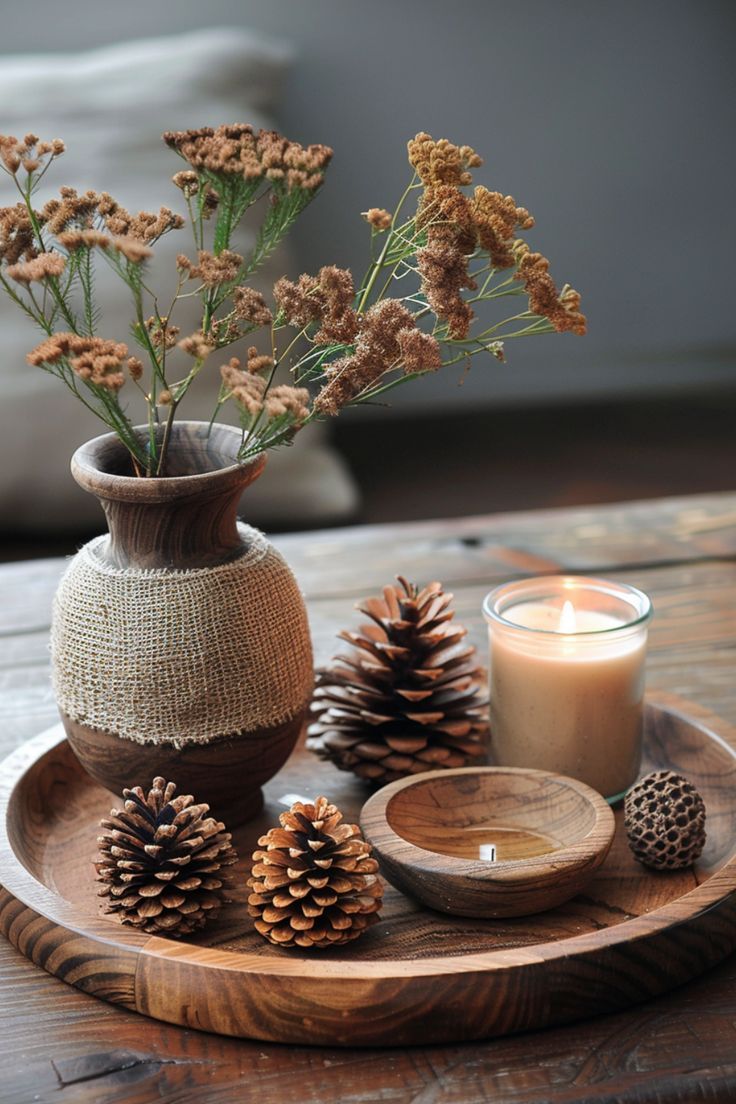 rustic coffee table tray decor Styling Round Tray On Coffee Table, Winter Decor Coffee Table, Coffee Table Fall Decor Tray, Round Table Tray Decor Ideas, Styling Ottoman Coffee Table Trays, Round Ottoman Tray Decor Ideas, Round Coffee Table Centerpiece Ideas, Round Table Decor Living Room, Living Room Center Table Decoration