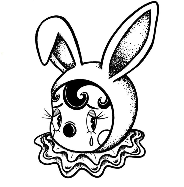 a black and white drawing of a rabbit with an evil look on it's face