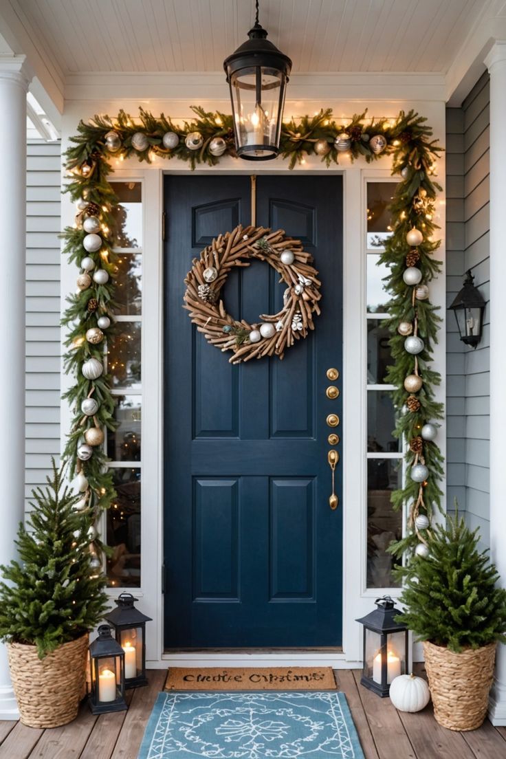 a blue front door decorated for christmas with greenery and candles