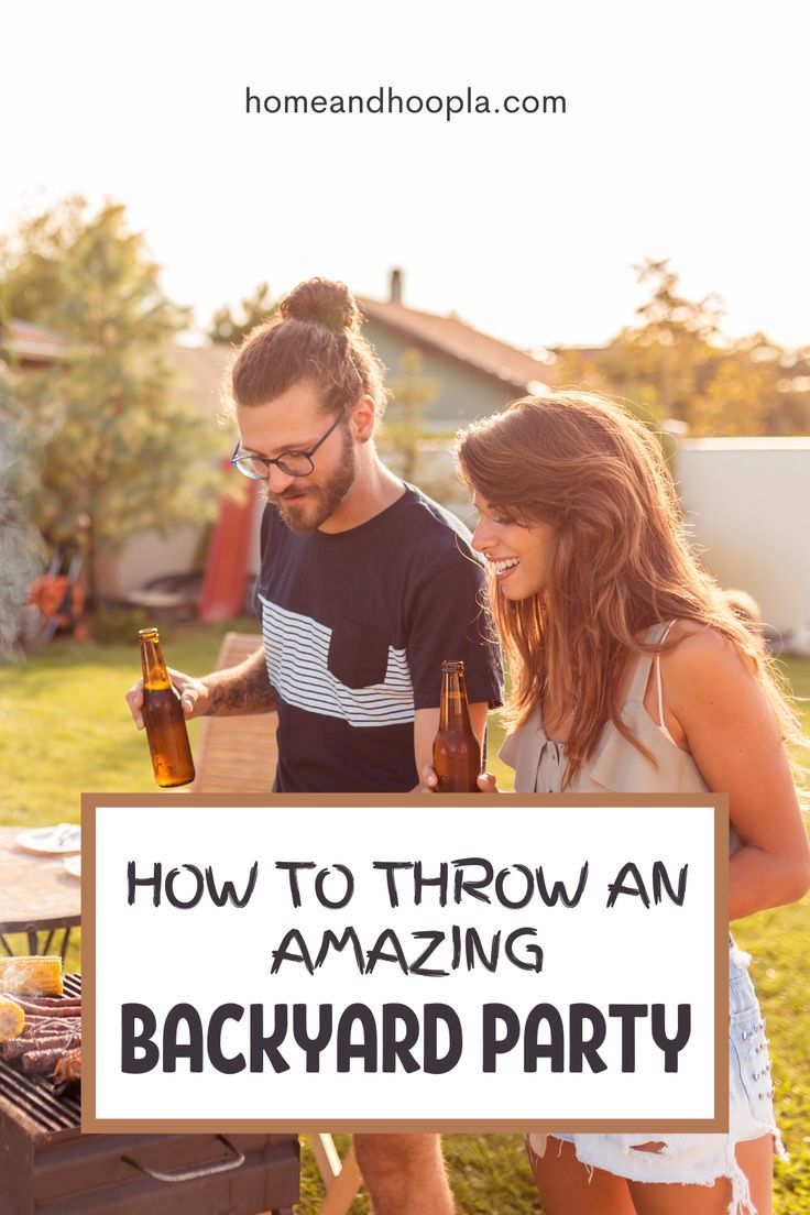 two people standing next to each other near a bbq with beer bottles on it and the words how to throw an amazing backyard party